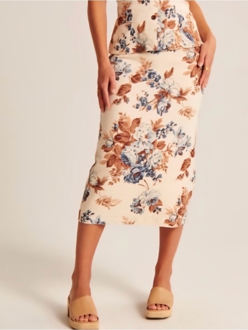 Abercrombie & Fitch Cream Floral Midi Pencil Skirt with Blue and Brown Accents